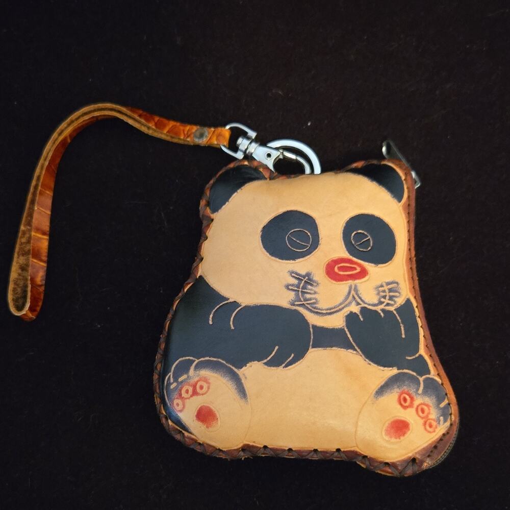 Vintage Tooled Leather Panda Coin Purse 1970s Floral Wristlet Pouch Boho Small